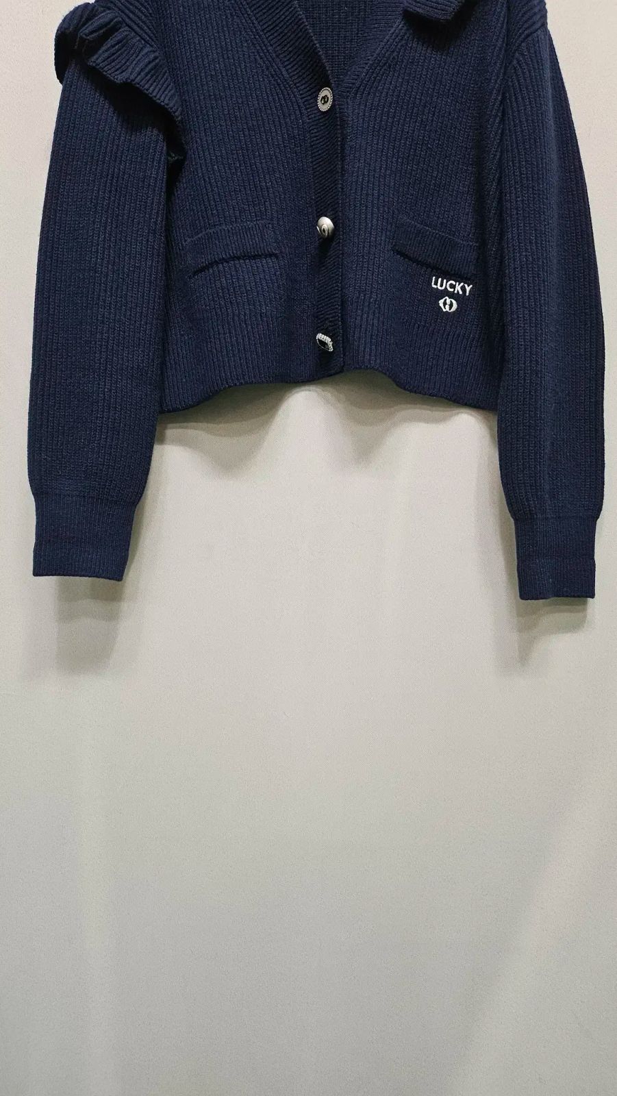  LUCKY ラッキーシュエトゥ ウール混 ウールブレンド ニットカーディガン ネイビー-23年商品 長袖 カーディガン ボレロ アンサンブル