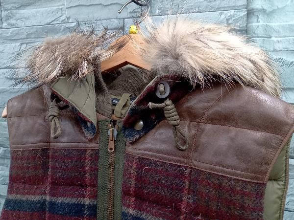 NIGEL CABOURN × Eddie BAUER CANADIAN VEST レッド 46サイズ ダウンベスト ウール レザー チェック柄 フード取り外し可 ririジップ