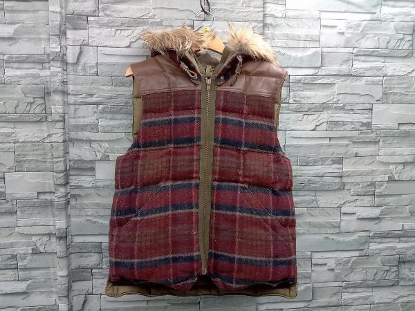 NIGEL CABOURN × Eddie BAUER CANADIAN VEST レッド 46サイズ ダウンベスト ウール レザー チェック柄 フード取り外し可 ririジップ
