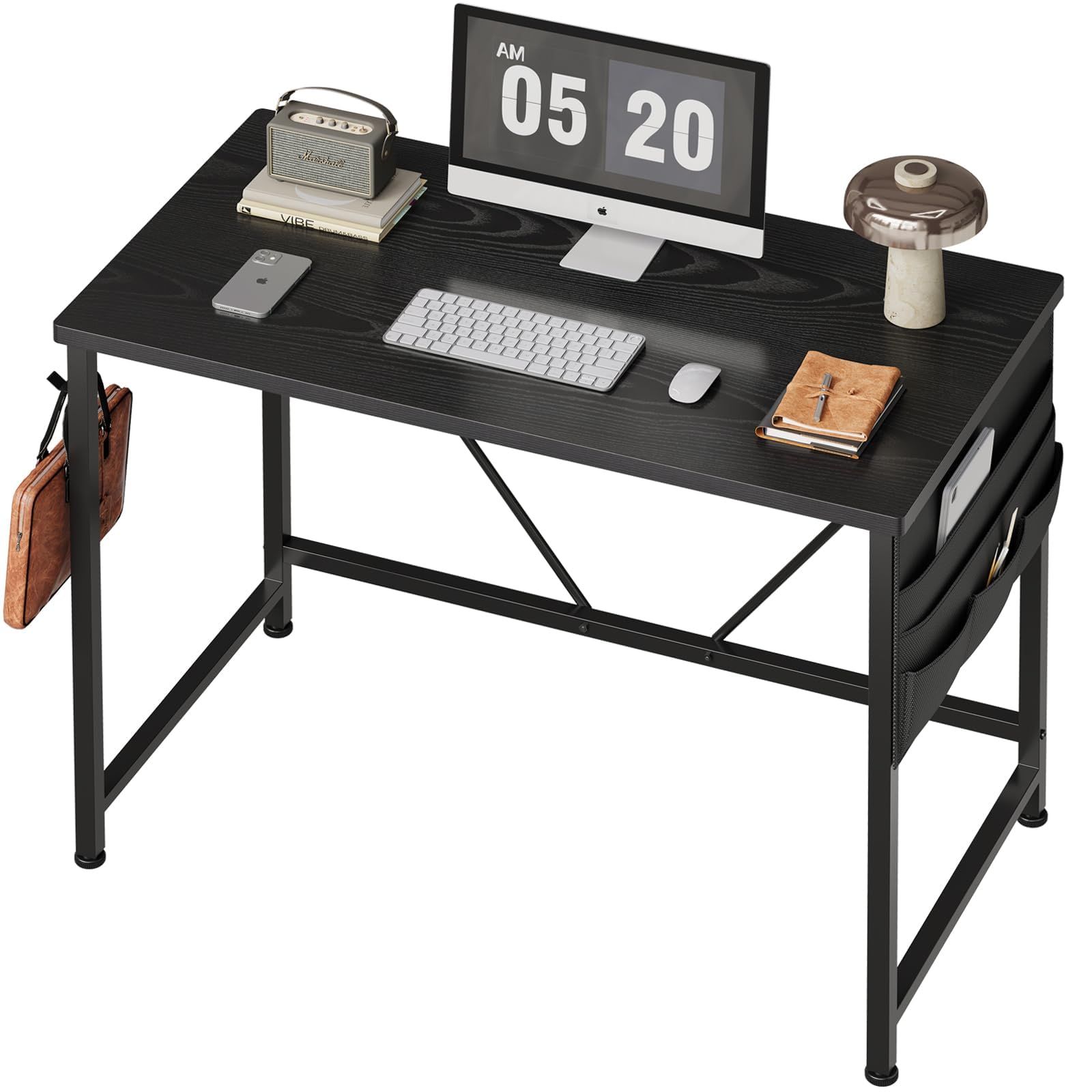 パソコンデスク pc 幅100 奥行48 cm つくえ シンプル 収納袋付き勉強机 フック付き学習机 オフィス 組立簡単 在宅 テレワーク 黒い