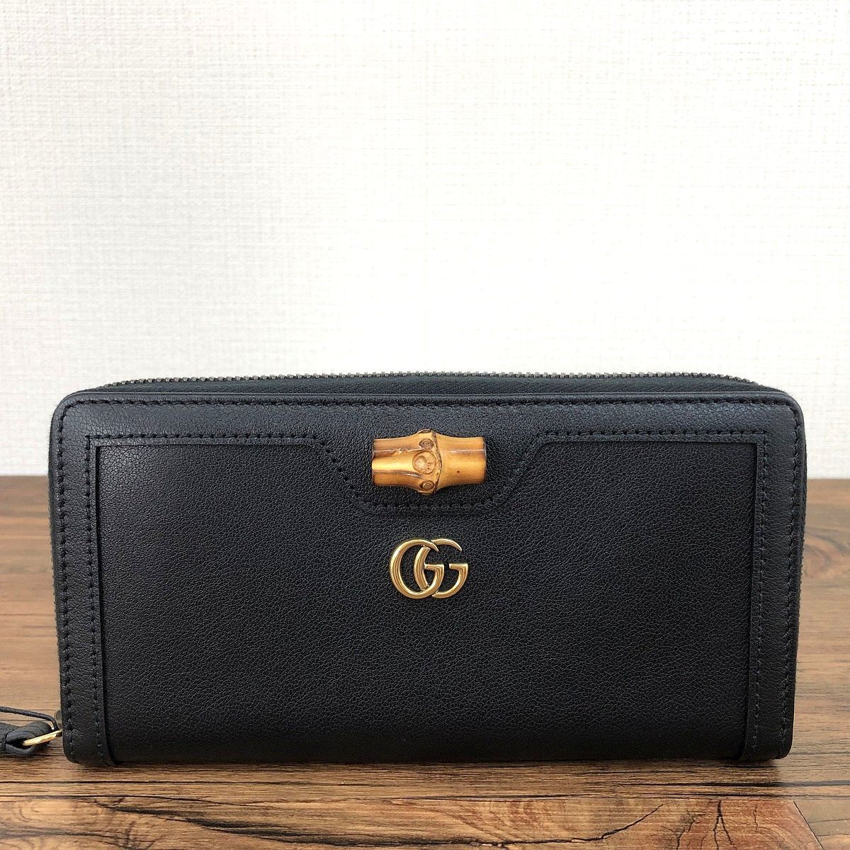 114 み GUCCI ジップウォレット 658634 ブラック バンブー き