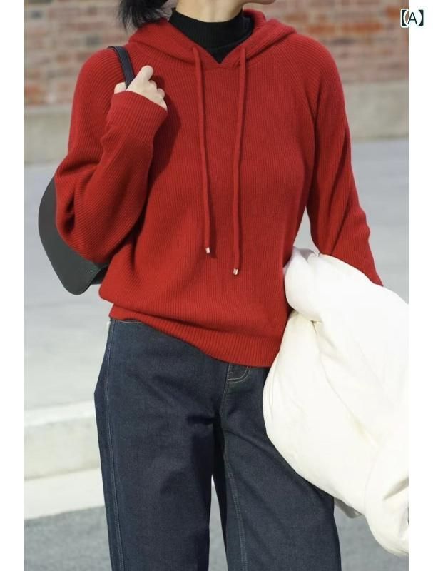 ニット レディース クリスマス 秋冬 赤 ウール フード付き プルオーバー トップス 長袖 普段使い 通勤 かわいい 雰囲気