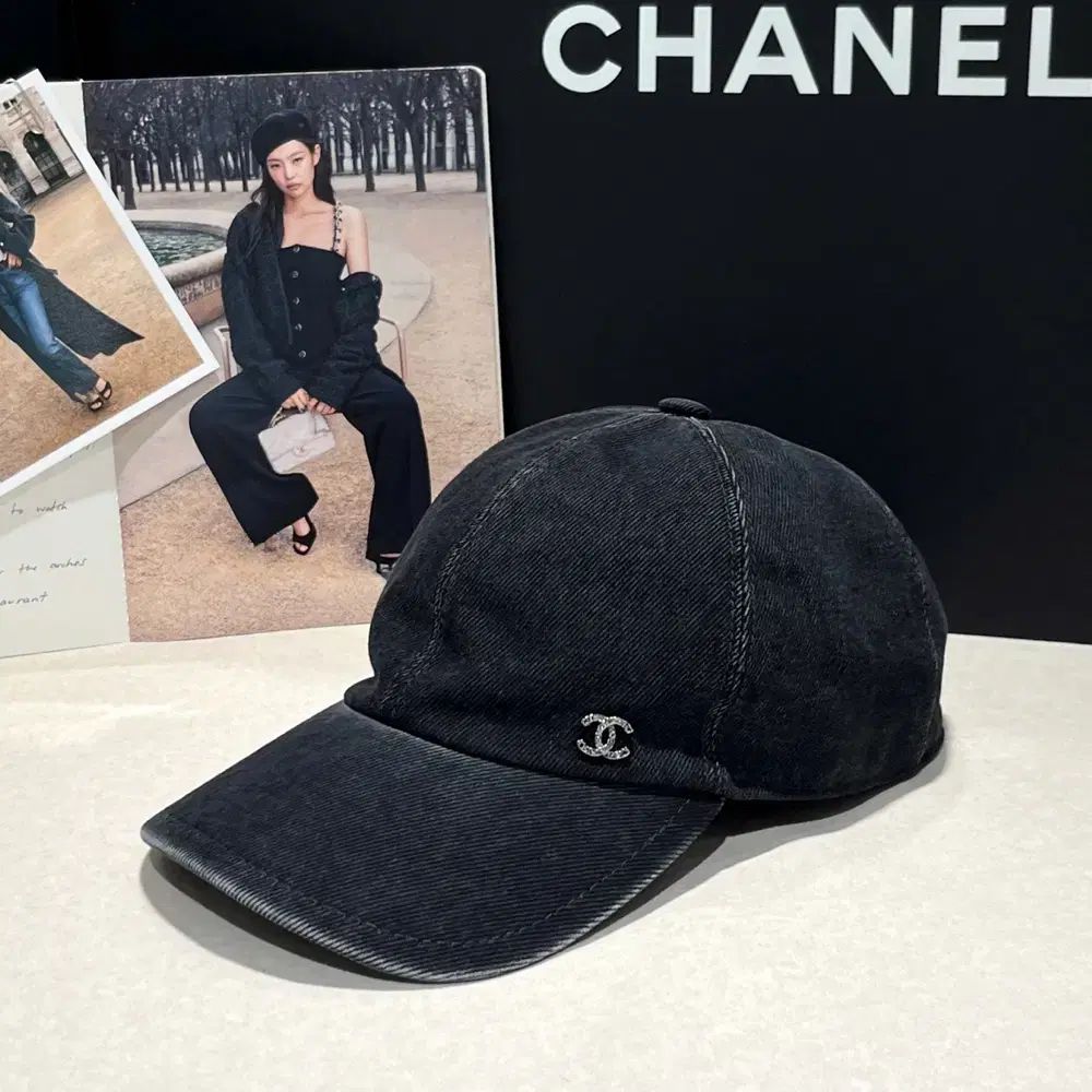 シャネル デニム シルバー ロゴ ベースボールキャップ 帽子 チャコール