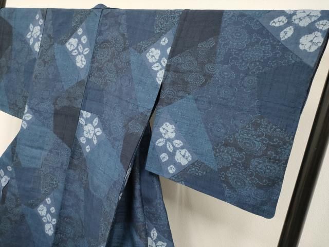 平和屋着物□極上 伝統工芸士 七代目 吉澤与市 紬 単衣 絞り 型染め 切