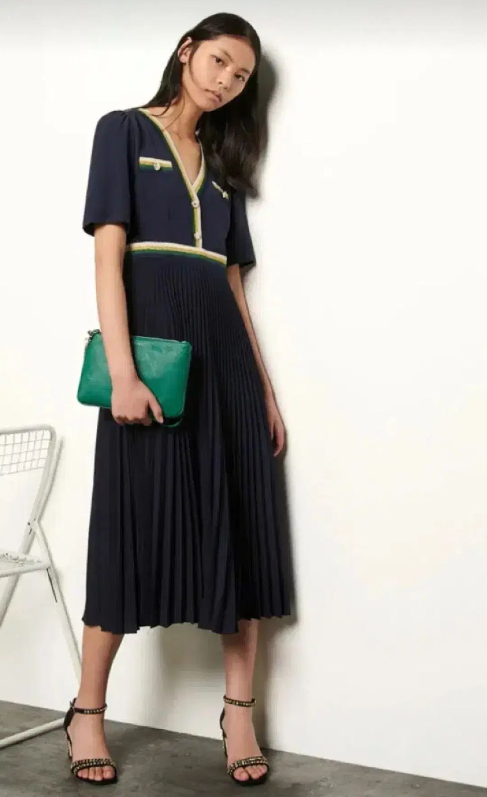 サンドロ ツリー プリーツ Long ONE PIECE 34サイズ