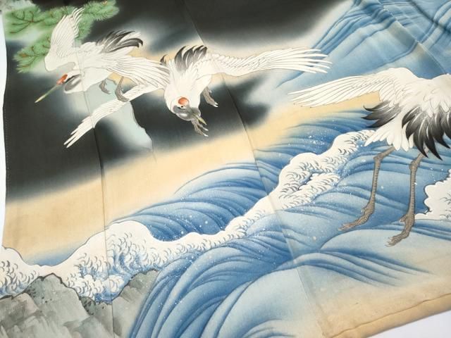  平和屋着物 上 アンティーク 大正ロマン 中国三大刺繍 相良刺繍 振袖 手描き 鶴 松 暈し染め 黒地 金糸 s 5 振袖 着物