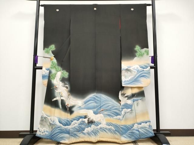 平和屋着物 上 アンティーク 大正ロマン 中国三大刺繍 相良刺繍 振袖 手描き 鶴 松 暈し染め 黒地 金糸 s 5