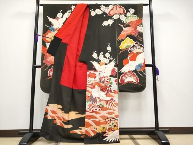 平和屋着物 上 アンティーク 大正ロマン 振袖 駒刺繍 飛鶴流水枝花文 黒地 金彩 s 5