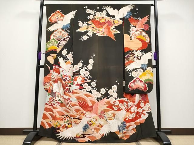 平和屋着物■極上　アンティーク　大正ロマン　振袖　駒刺繍　飛鶴流水枝花文　黒地　金彩　逸品　CYAA3867s5 平和屋着物□極上 アンティーク 大正ロマン 振袖 駒刺繍 飛鶴流水枝花