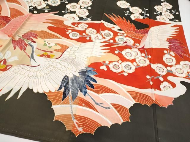 平和屋着物□極上 アンティーク 大正ロマン 振袖 駒刺繍 飛鶴流水枝花