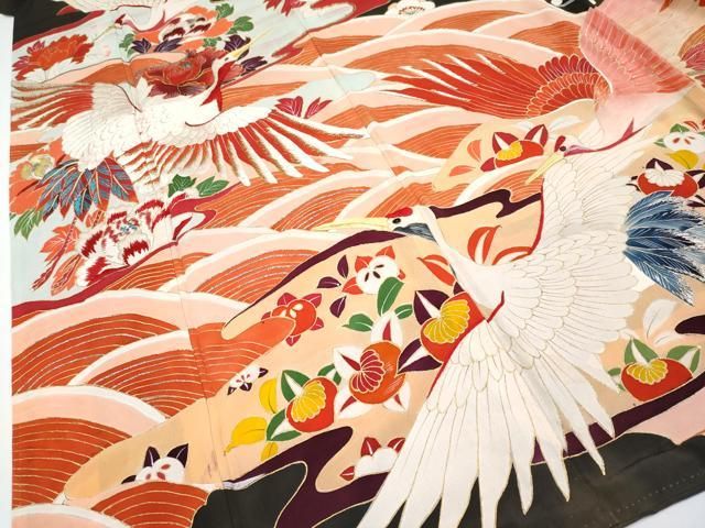  平和屋着物 上 アンティーク 大正ロマン 振袖 駒刺繍 飛鶴流水枝花文 黒地 金彩 s 5 振袖 着物