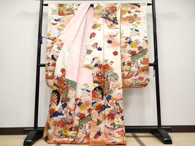 平和屋着物 上 アンティーク 大正ロマン 振袖 駒刺繍 御所車扇面花文 暈し染め s 5