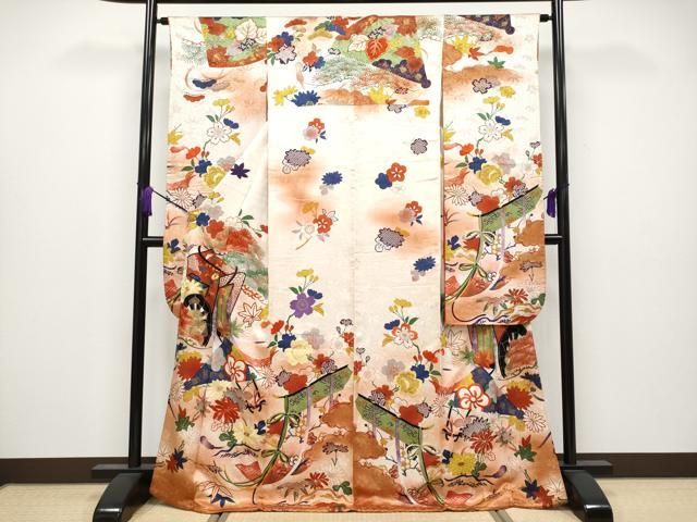 平和屋着物 上 アンティーク 大正ロマン 振袖 駒刺繍 御所車扇面花文 暈し染め s 5