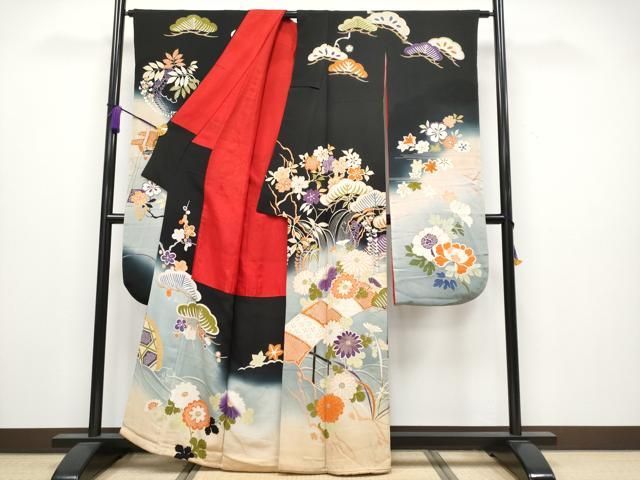 平和屋着物 上 アンティーク 大正ロマン 振袖 駒刺繍 立波枝花文 暈し染め 黒地 金彩 s 5