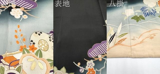  平和屋着物 上 アンティーク 大正ロマン 振袖 駒刺繍 立波枝花文 暈し染め 黒地 金彩 s 5 振袖 着物