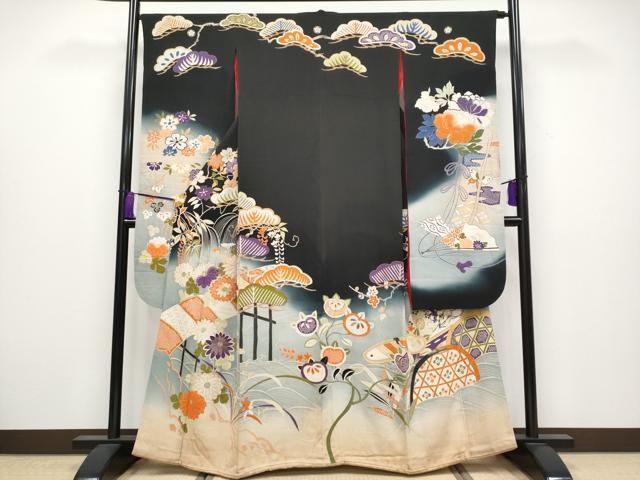 平和屋着物 上 アンティーク 大正ロマン 振袖 駒刺繍 立波枝花文 暈し染め 黒地 金彩 s 5