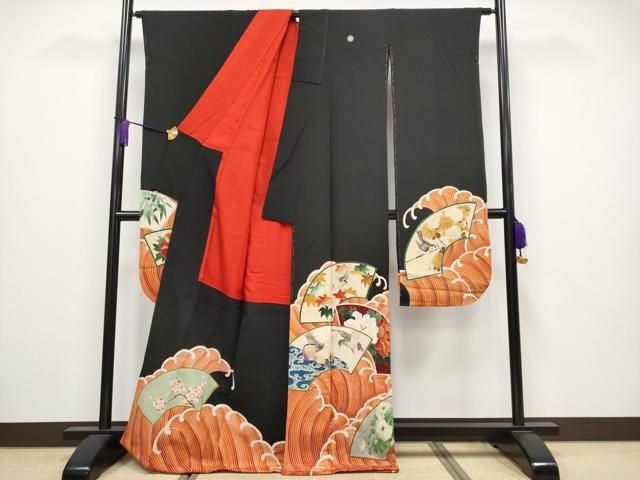 平和屋着物 上 アンティーク 大正ロマン 振袖 地紙花鳥文 黒地 金彩 s 5