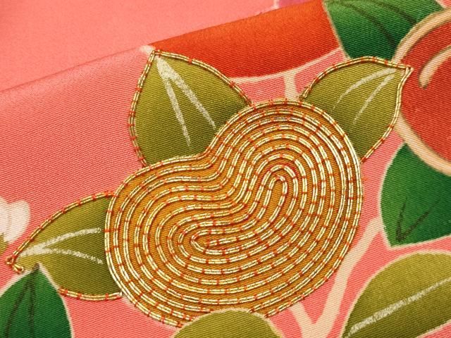 平和屋着物■極上　アンティーク　大正ロマン　振袖　駒刺繍　花車文　銀朱色地　逸品　CYAA3872s5 平和屋着物□極上 アンティーク 大正ロマン 振袖 駒刺繍 花車文 銀朱色地