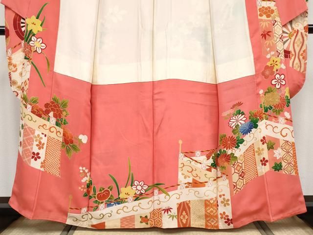  平和屋着物 上 アンティーク 大正ロマン 振袖 駒刺繍 花車文 銀朱色地 s 5 振袖 着物