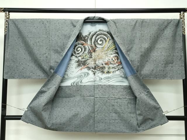 平和屋着物□極上 男性 髭紬 アンサンブル キングサイズ 利休鼠色地  