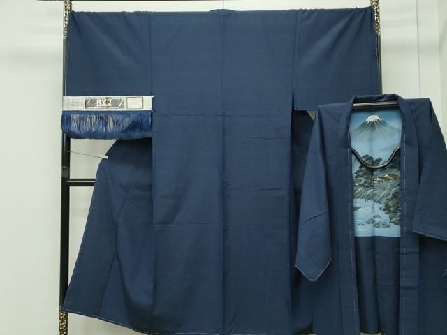 平和屋着物 上 男性 紬 アンサンブル キングサイズ RYU 色無地 藍鉄色 反端付き CZAA4293s5