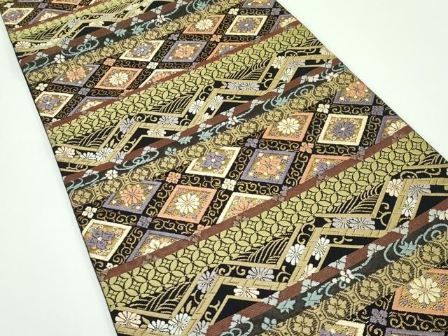 平和屋着物 上 六通柄袋帯 麗粋唐織 横段花文 黒地 金糸 s 5
