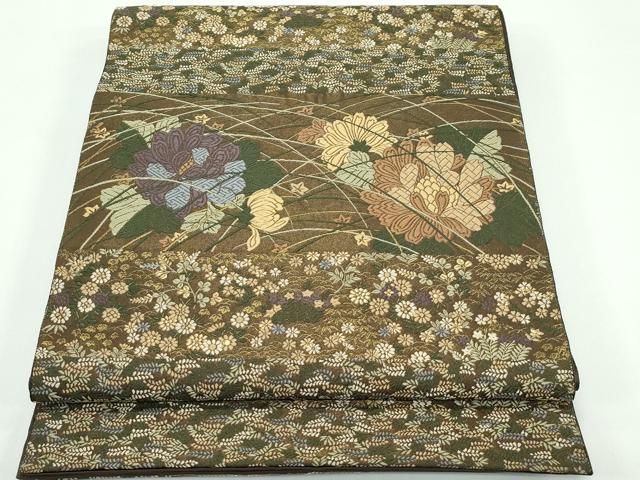 専用帯3512 ●服部織物 青々庵 高級 正絹 六通 袋帯 平和屋着物□極上 西陣 服部織物謹製 青々庵 六通柄袋帯 唐織 草花横段