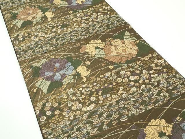 平和屋着物□極上 西陣 服部織物謹製 青々庵 六通柄袋帯 唐織 草花横段