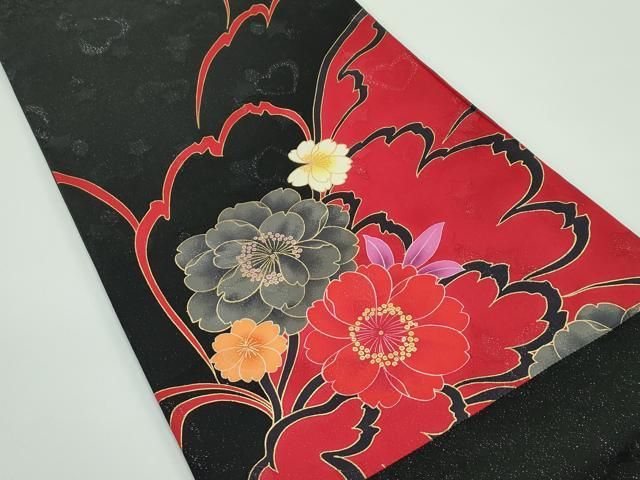 平和屋着物 上 太鼓柄袋帯 草花文 黒地 銀通し地 s 5