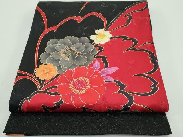 平和屋着物 上 太鼓柄袋帯 草花文 黒地 銀通し地 s 5