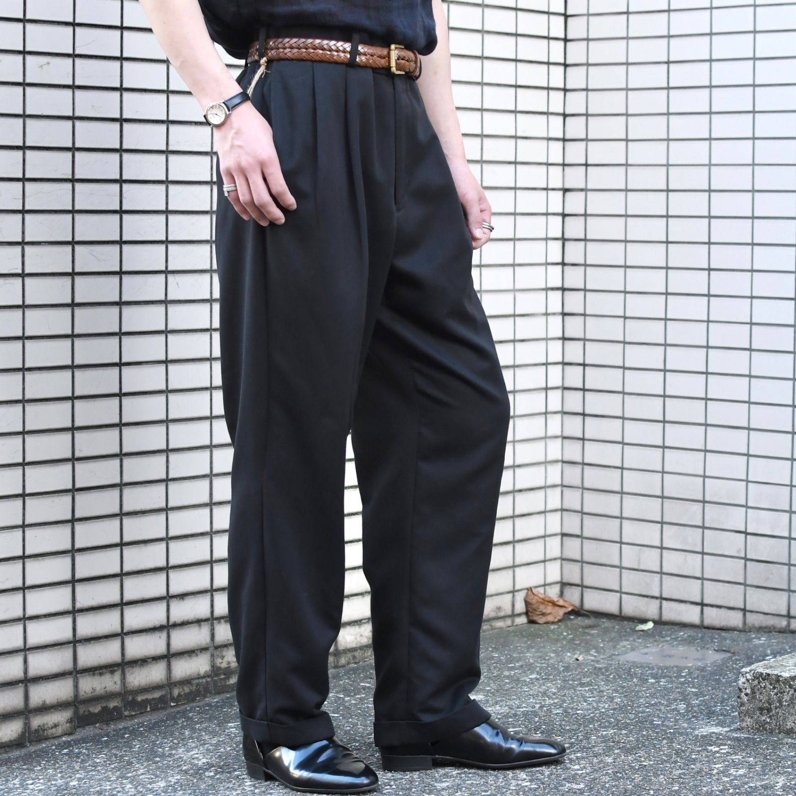 古着 Craft-barrow スムース 2タック スラックス タックパンツ ブラック