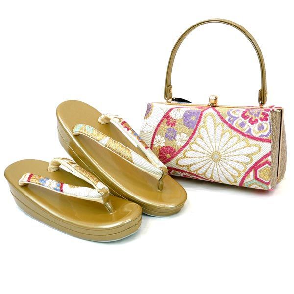Lサイズ 振袖用 草履バッグセット zb-077 帯地 成人式 振袖 七宝 菊 華文 ゴールド 金 県 は 京都うさぎ堂