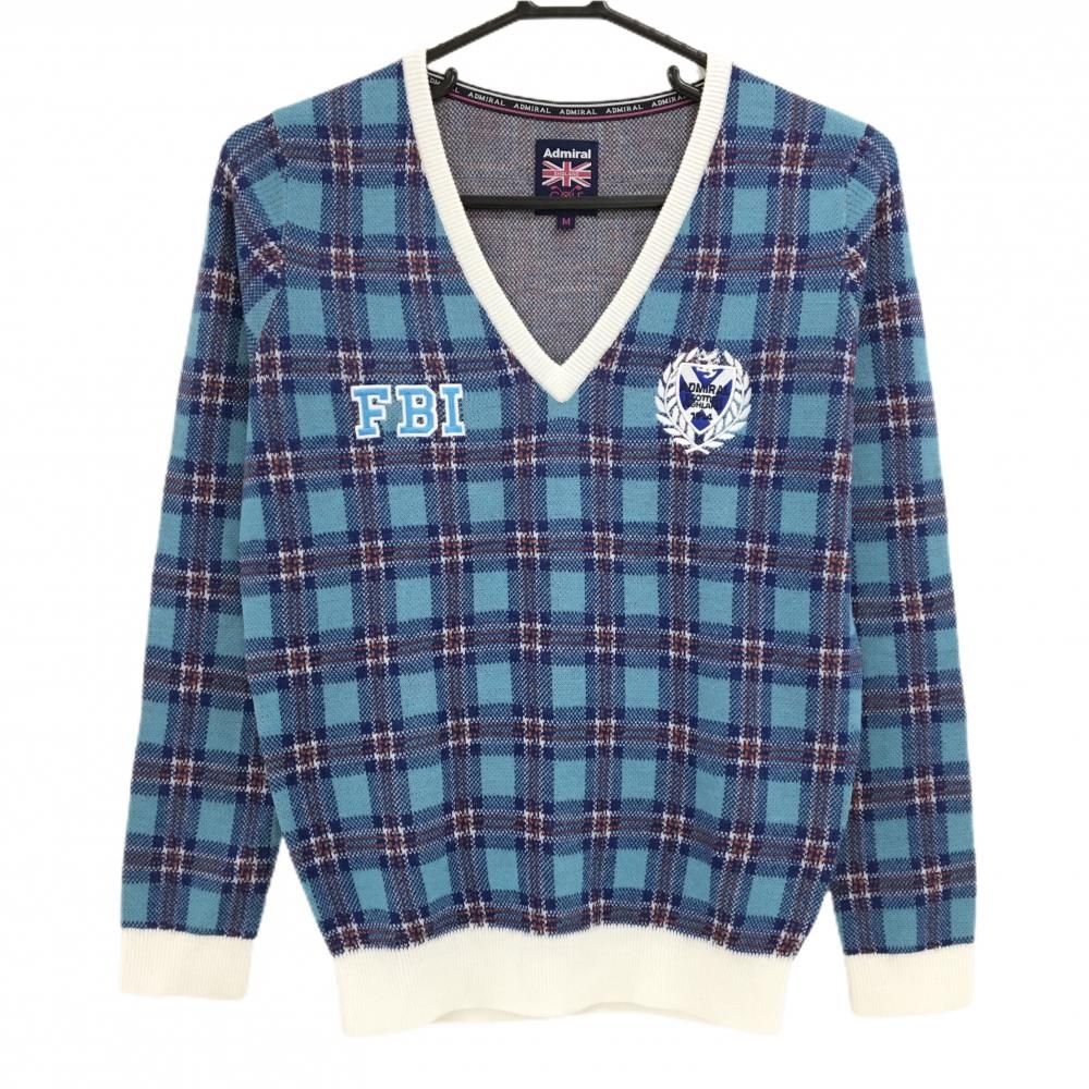 美品】アドミラル セーター ライトブルー×白 チェック Vネック ロゴ