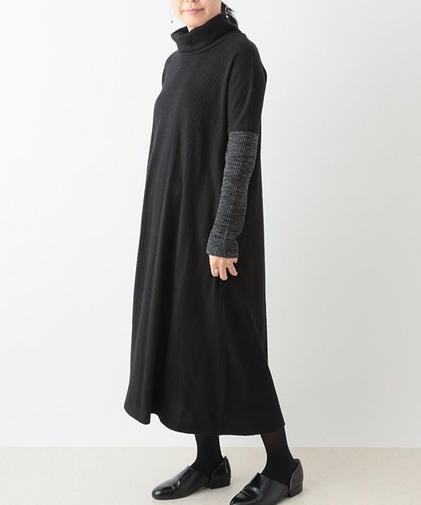 artipur ワンピース タートルネック レディース 秋 冬 50代 40代 30代 おしゃれ 黒 長袖 異素材 切り替え