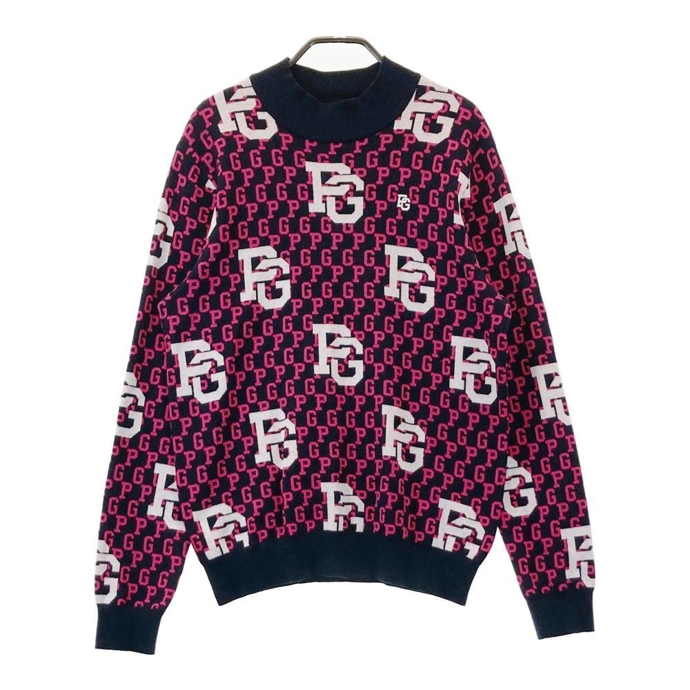 サイズ 5 PEARLY GATES パーリーゲイツ モデル ハイネック ニットセーター ロゴ総柄 ネイビー系 240101557149 ゴルフウェア メンズ ストスト