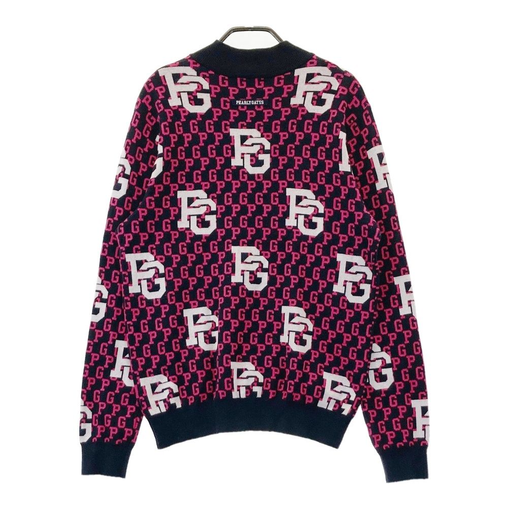 サイズ 5 PEARLY GATES パーリーゲイツ モデル ハイネック ニットセーター ロゴ総柄 ネイビー系 ゴルフウェア メンズ ストスト