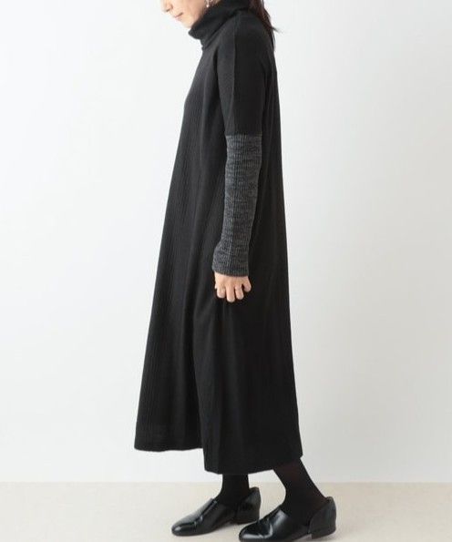 artipur ワンピース タートルネック レディース 秋 冬 50代 40代 30代 おしゃれ 黒 長袖 異素材 切り替え