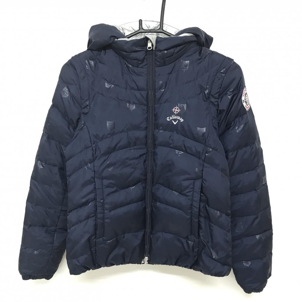 キャロウェイ 4WAYダウンジャケット ネイビー 地模様 フード 袖着脱可 レディース S ゴルフウェア Callaway