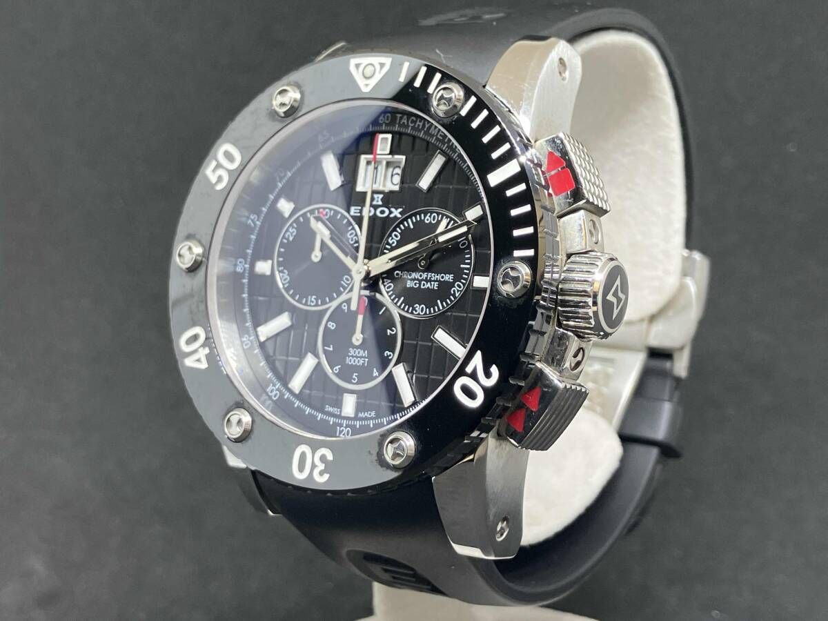 EDOX エドックス クラスワン クロノオフショア ビッグデイト 10014 メンズ 腕時計 クォーツ ブラック文字盤 SS ラバーベルト