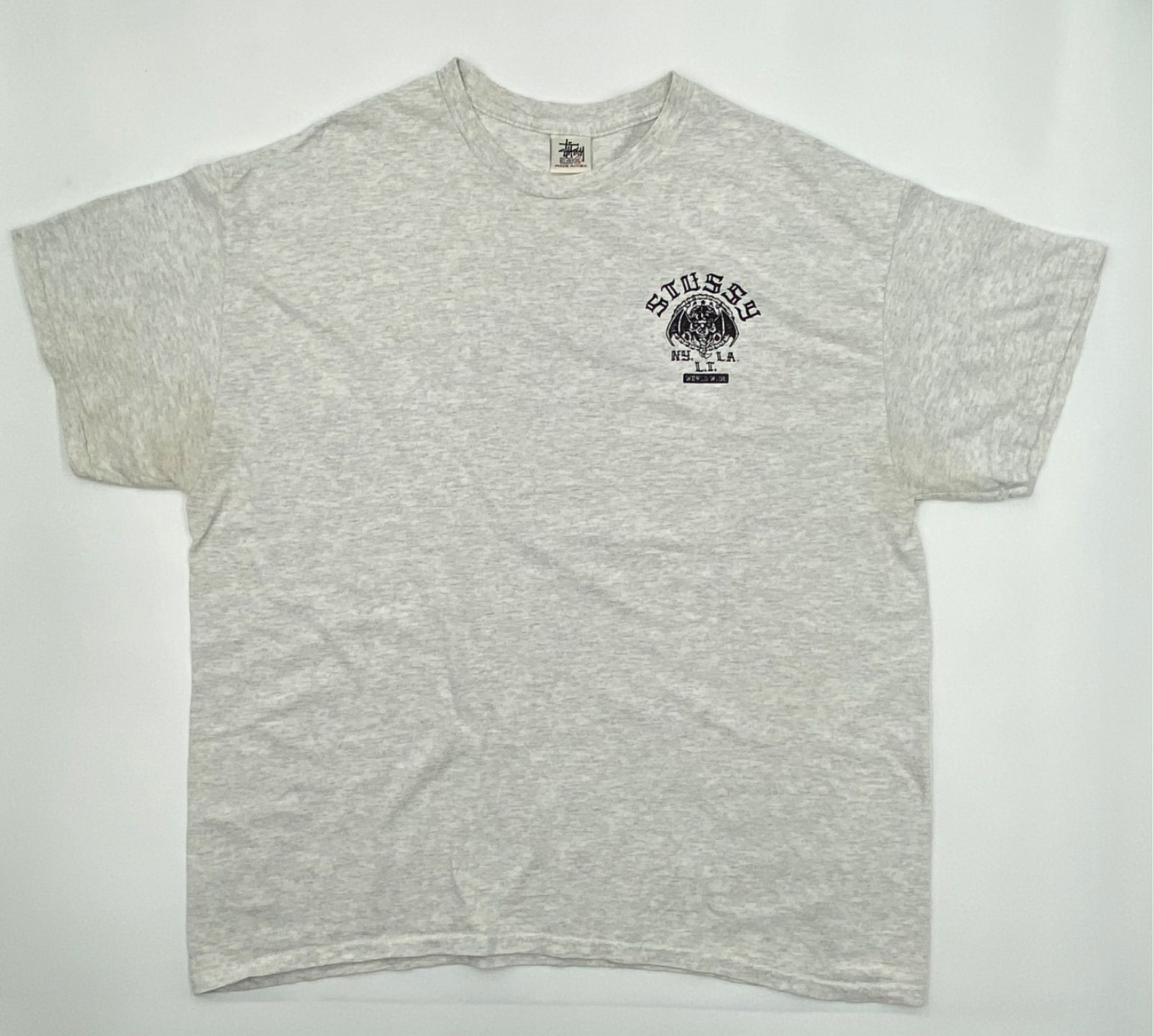 OLD STUSSY 90s 白タグ XL ヘビーグレー バットウィング スカル ワールドワイド Tシャツ ステューシー ヴィンテージ バックプリントメンズ