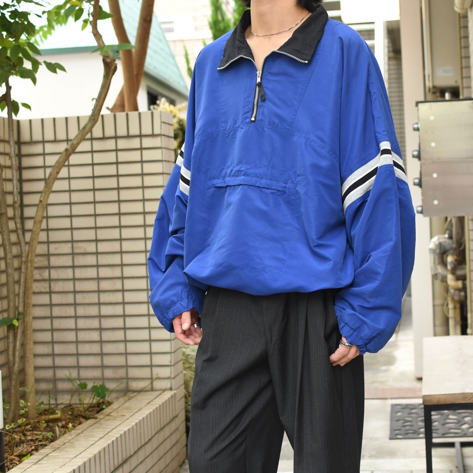 古着 フェイクスウェード ナイロンプルオーバー 切り替え ハーフジップ プルオーバー