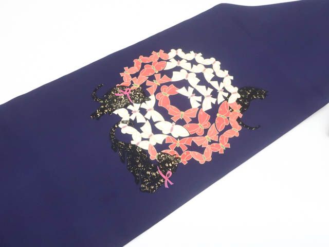 京松】九寸名古屋帯 オリジナル お太鼓柄 猫 ネコ 金彩 正絹 r7b11-209