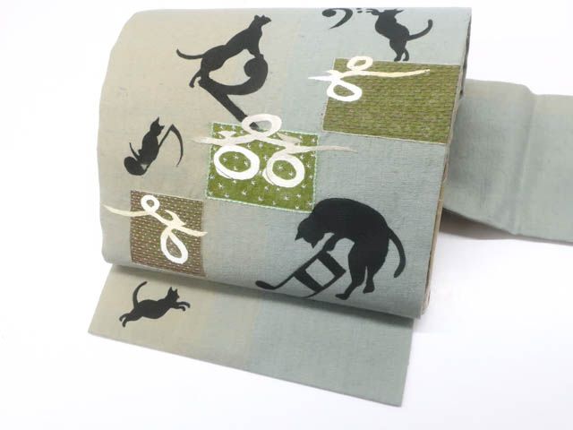 京松】九寸名古屋帯 オリジナル お太鼓柄 猫 ネコ 音符 正絹 美品