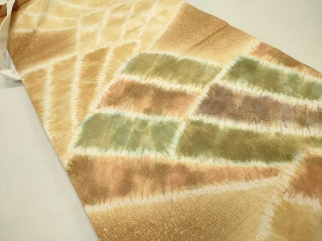 平和屋着物 六通柄袋帯 紬地 絞り 檜扇文 正絹 op