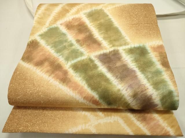 平和屋着物 六通柄袋帯 紬地 絞り 檜扇文 正絹 op