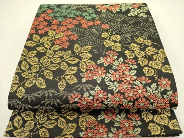 平和屋着物 西陣 川島織物 洗える最 着物 英 はなぶさ謹製 六通柄京袋帯 草花 黒地 たとう紙付き op