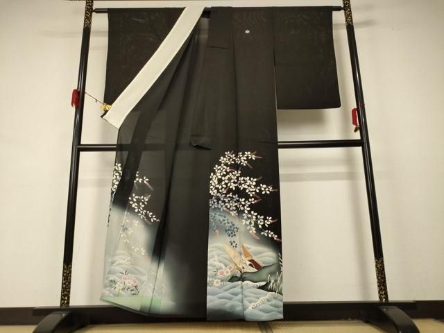 平和屋着物 夏物 アンティーク 大正ロマン 黒留袖 絽 風景草花文 暈し染め 金彩 両褄 正絹 jd