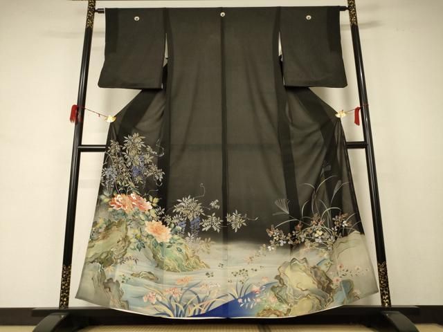 平和屋着物 夏物 黒留袖 絽 刺繍 流水草花文 銀彩 正絹 jd