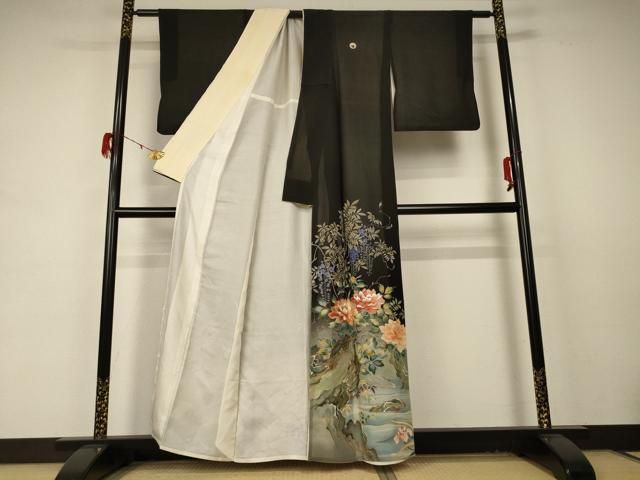 平和屋着物 夏物 黒留袖 絽 刺繍 流水草花文 銀彩 正絹 jd