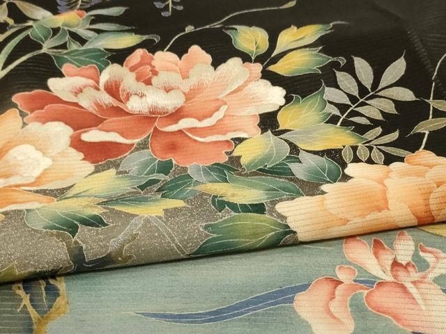  平和屋着物 夏物 黒留袖 絽 刺繍 流水草花文 銀彩 正絹 jd 黒留袖 着物